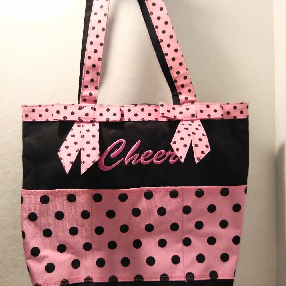 Cheer tote bag Back with pink and black polka dots